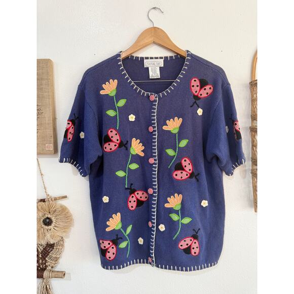 90s/Y2K Short Sleeve Ladybug Cardigan size XL - Picture 2 of 7